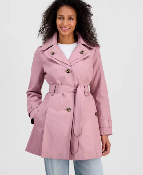 Petite Single-Breasted Hooded Belted Trench Coat - SMOKY DUSK