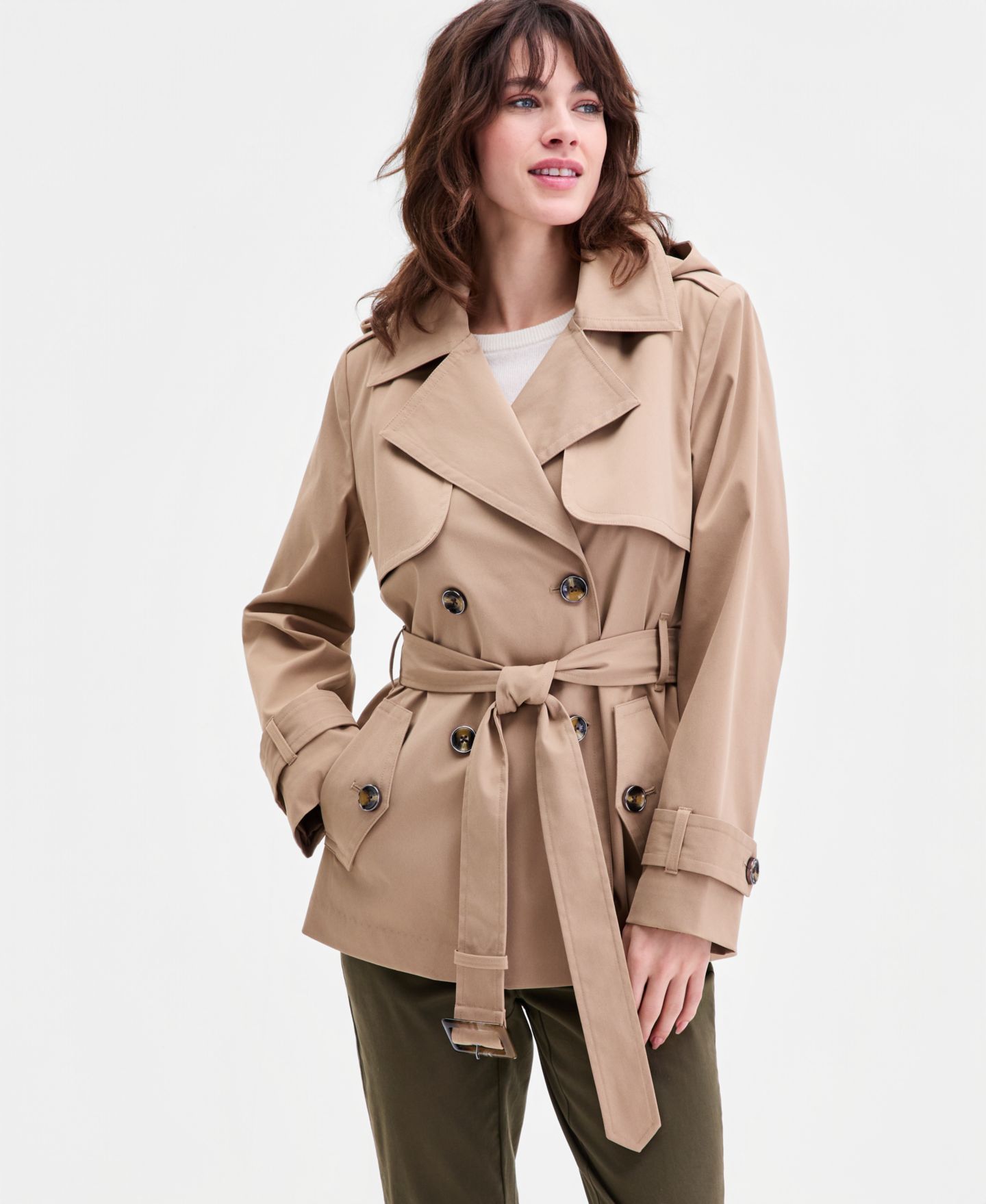 Женское пальто London Fog Short Double-Breasted Belted Trench, цвет: Хаки — фото 1