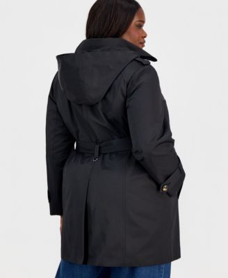 Plus Size Single-Breasted Hooded Belted Trench Coat