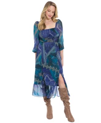 London Times - Women's Bishop Sleeve Smocked Back Midi Dress