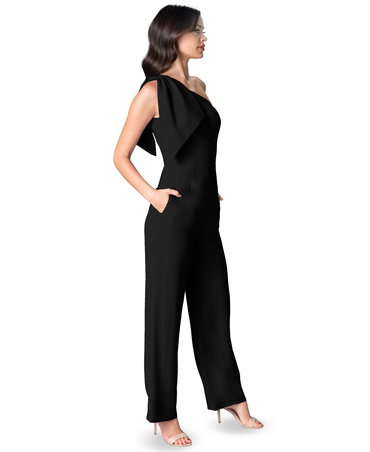 Dress The Population Women's Tiffany Bow-trim One-shoulder Jumpsuit In Black
