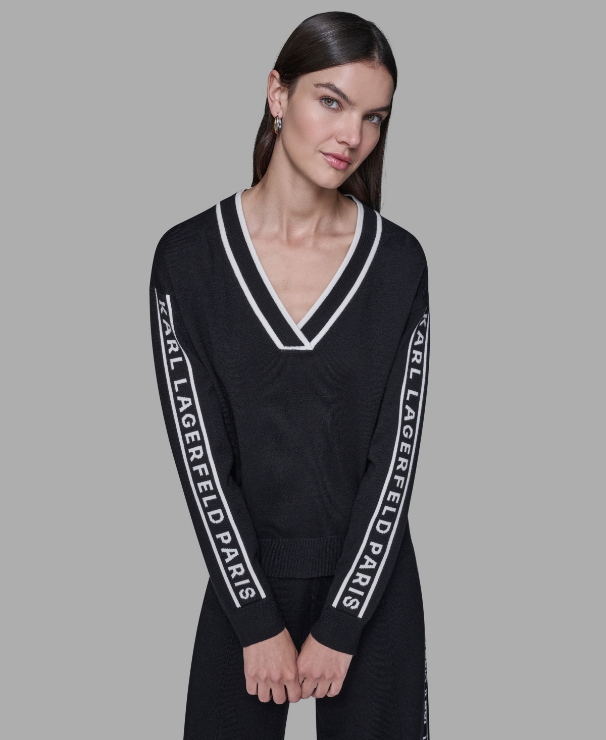 Karl Lagerfeld Women's Logo Tape V-neck Sweater In Black