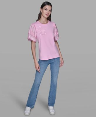 Women's Ruffled Crewneck Floral Top