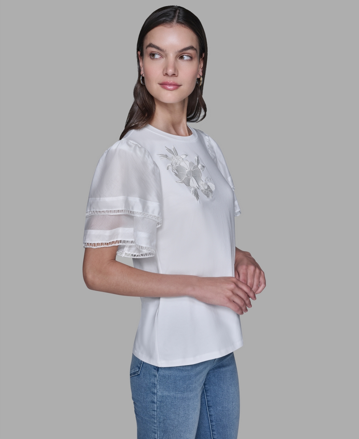 Karl Lagerfeld Women's Ruffled Crewneck Floral Top In White