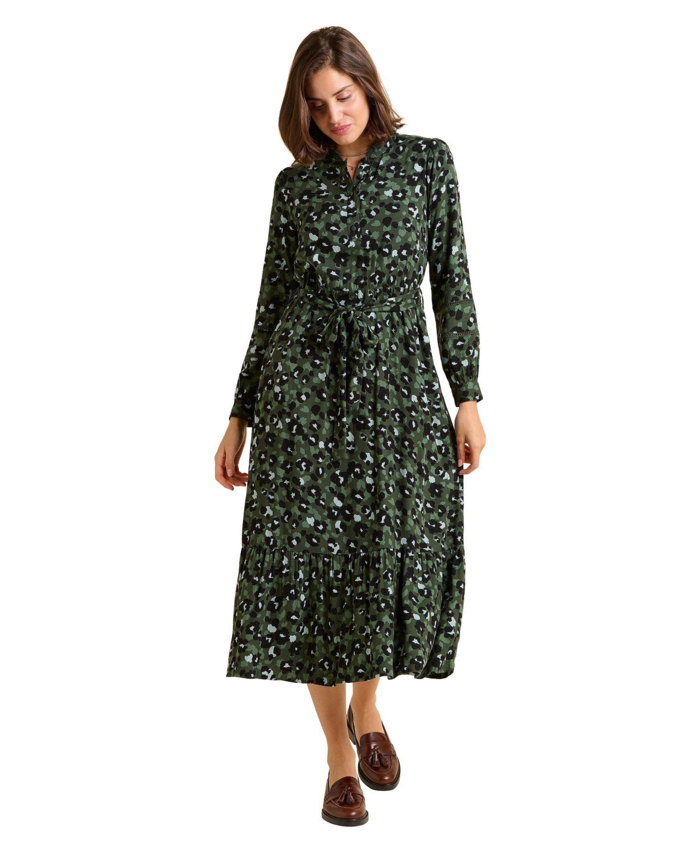 Женское платье Brakeburn Luna Long Sleeve Button Midi, цвет: Зелёный — фото 1
