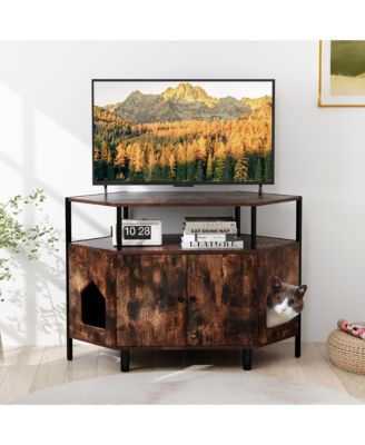 Corner Cat Litter Box Enclosure End Table w/ Open Shelf 2 Entries Double Doors