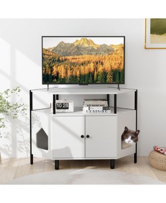 Corner Cat Litter Box Enclosure End Table w/ Open Shelf 2 Entries Double Doors