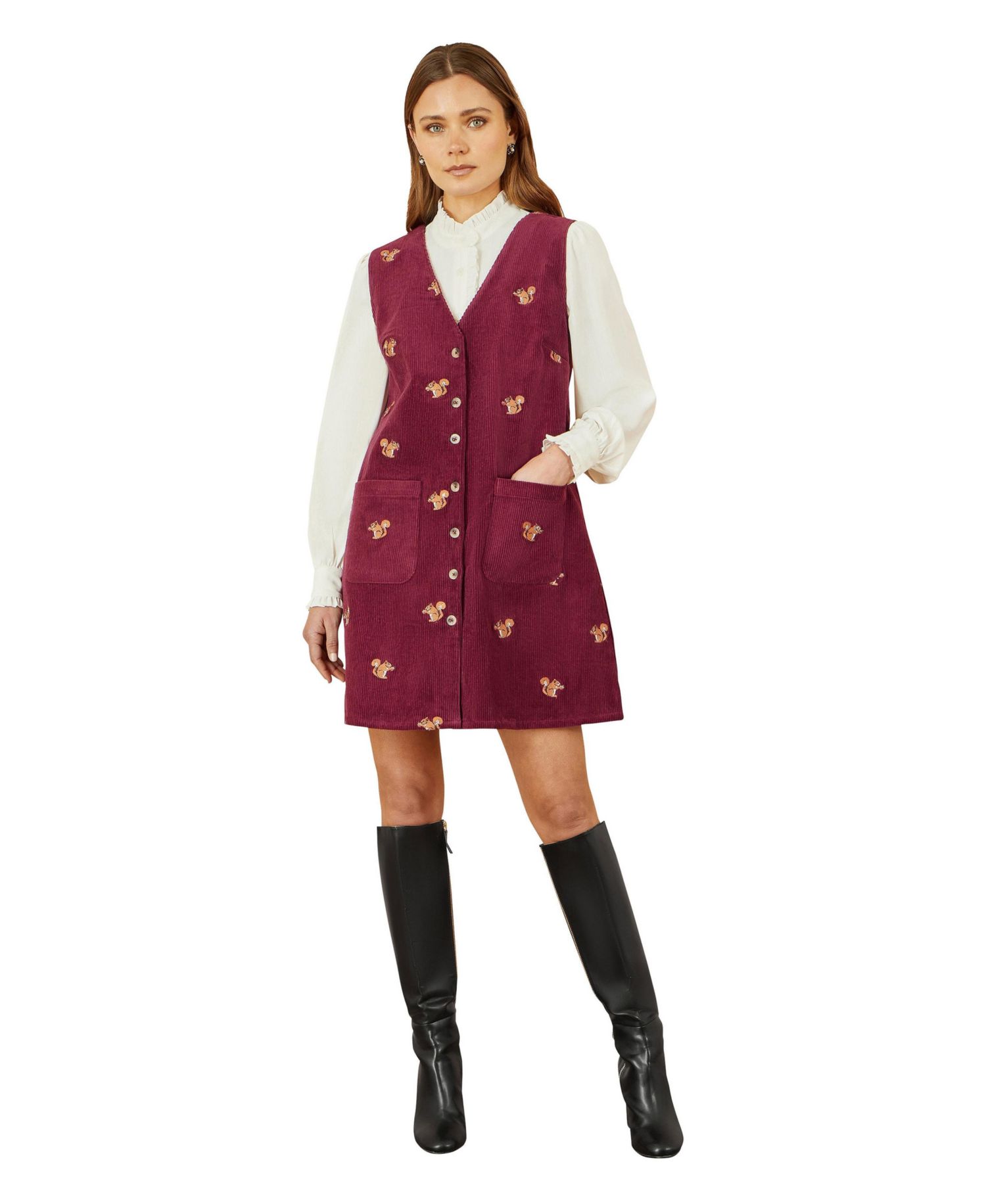 Women's V-Neck Cord Pinafore Dress