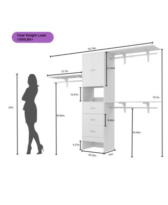 96-Inch Closet Organizer System with 3 Wood Drawers, Shelving Towers and Hanging Rods, 8-Foot Closet System with Doors