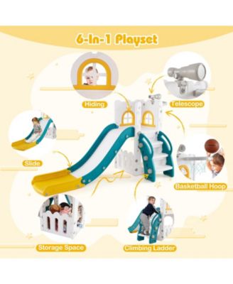 6-in-1 Toddler Slide L-shaped Playground with Basketball Hoop and Ladder