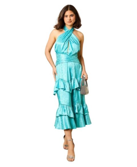 Женское платье Oasis Halterneck Satin Jacquard Midi, цвет: Аквамариновый
