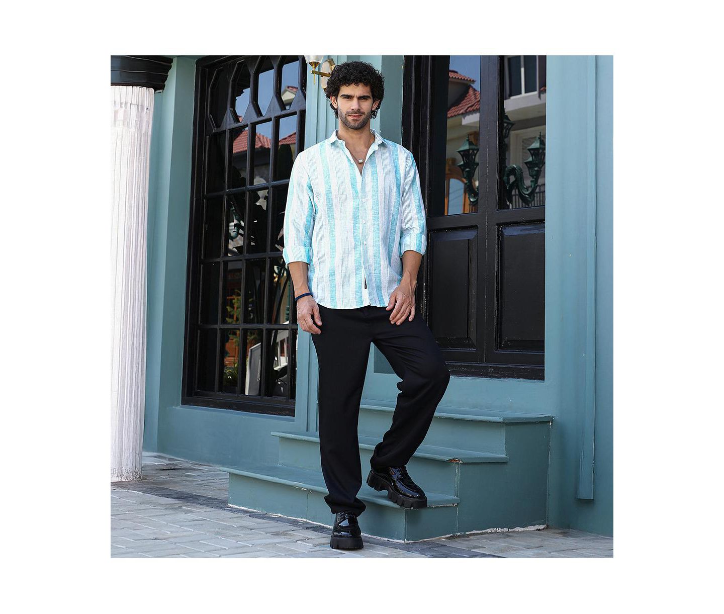 Мужская рубашка Cahoot Campus Sutra Sky Blue Pincandy-Striped Regular, цвет: Синий — фото 6