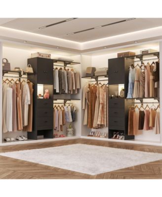 96-Inch Closet Organizer System with 3 Wood Drawers, Shelving Towers and Hanging Rods, 8-Foot Closet System with Doors