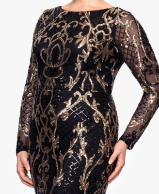 Betsy & Adam Plus Size Sequined Long-Sleeve Sheath Gown