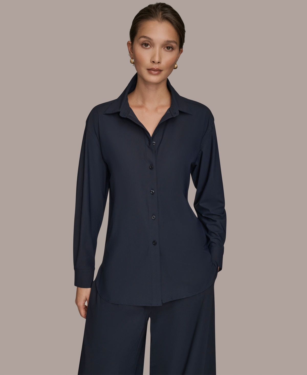 Donna Karan Weekend Women's Tricot Knit Long Sleeve Button-Down Shirt