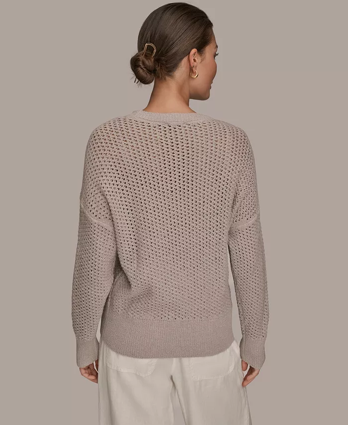 Women's Bracelet Sleeve Open Stitch Cotton Blend Crewneck Sweater - thumbnail 4