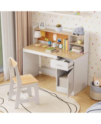 Kids Study Desk and Chair Set Wooden Children Writing Table with Shelves &amp; Drawer