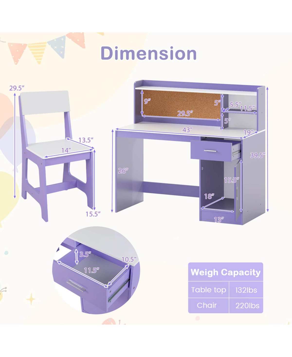 Costway Kids Study Desk and Chair Set Wooden Children Writing Table with Shelves & Drawer