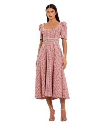 Mac Duggal Puff Sleeve Tweed Midi Dress with Beaded Belt, Womens, 6, Pink Multi