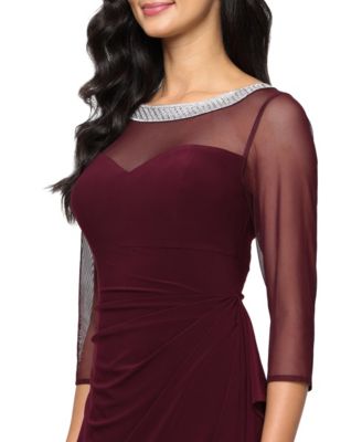 Petite 3/4-Sleeve Illusion Ruffled Gown