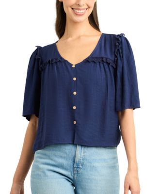 BCX - Women's Resort Solid Crinkle V-Neck Top