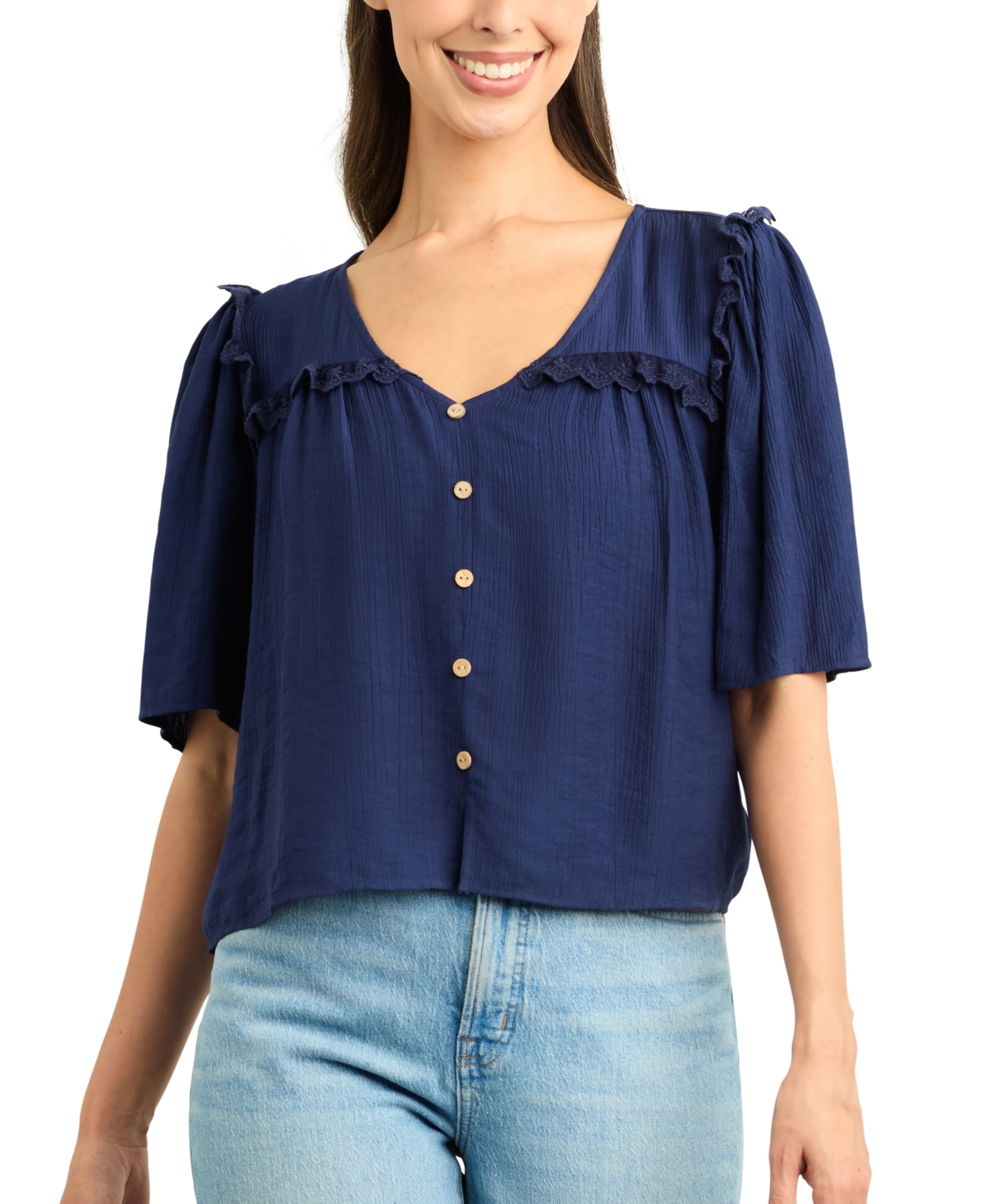 Bcx Juniors' Resort Solid Crinkle V-neck Top In Blue
