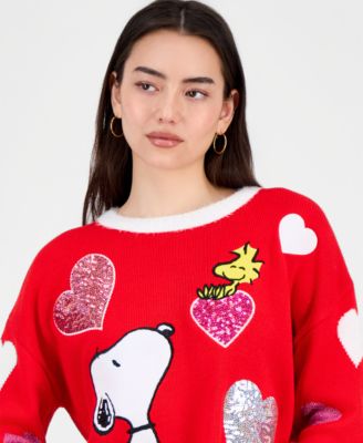 Juniors' Sequin Heart Snoopy Sweater
