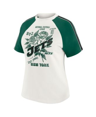 Women's White New York Jets Sleeve Stripe Distressed Raglan T-Shirt