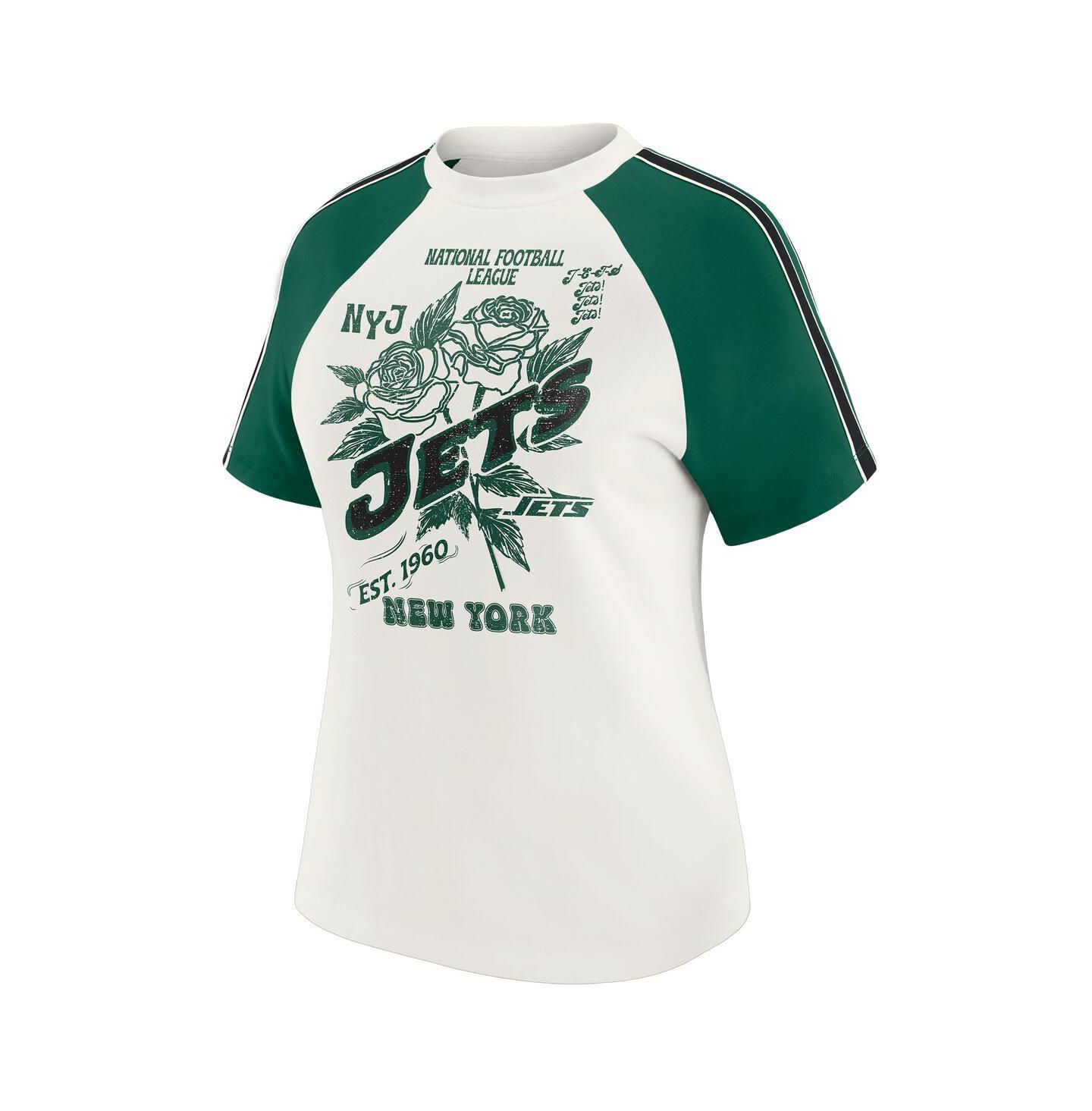 Женская футболка WEAR by Erin Andrews White New York Jets Sleeve Stripe Distressed Raglan — фото 2