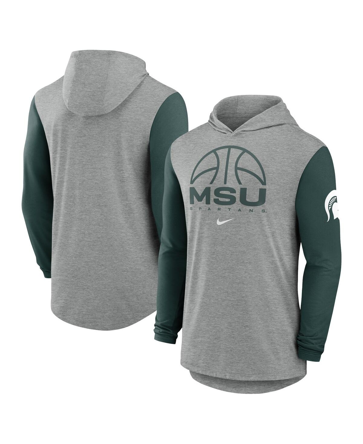 Nike Men's Gray/Green Michigan State Spartans Basketball Color-Block Tri-Blend Dri-fit Long Sleeve Hoodie T-Shirt