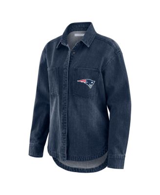 Women's Denim New England Patriots Washed Oversized Denim Full-Snap Shacket