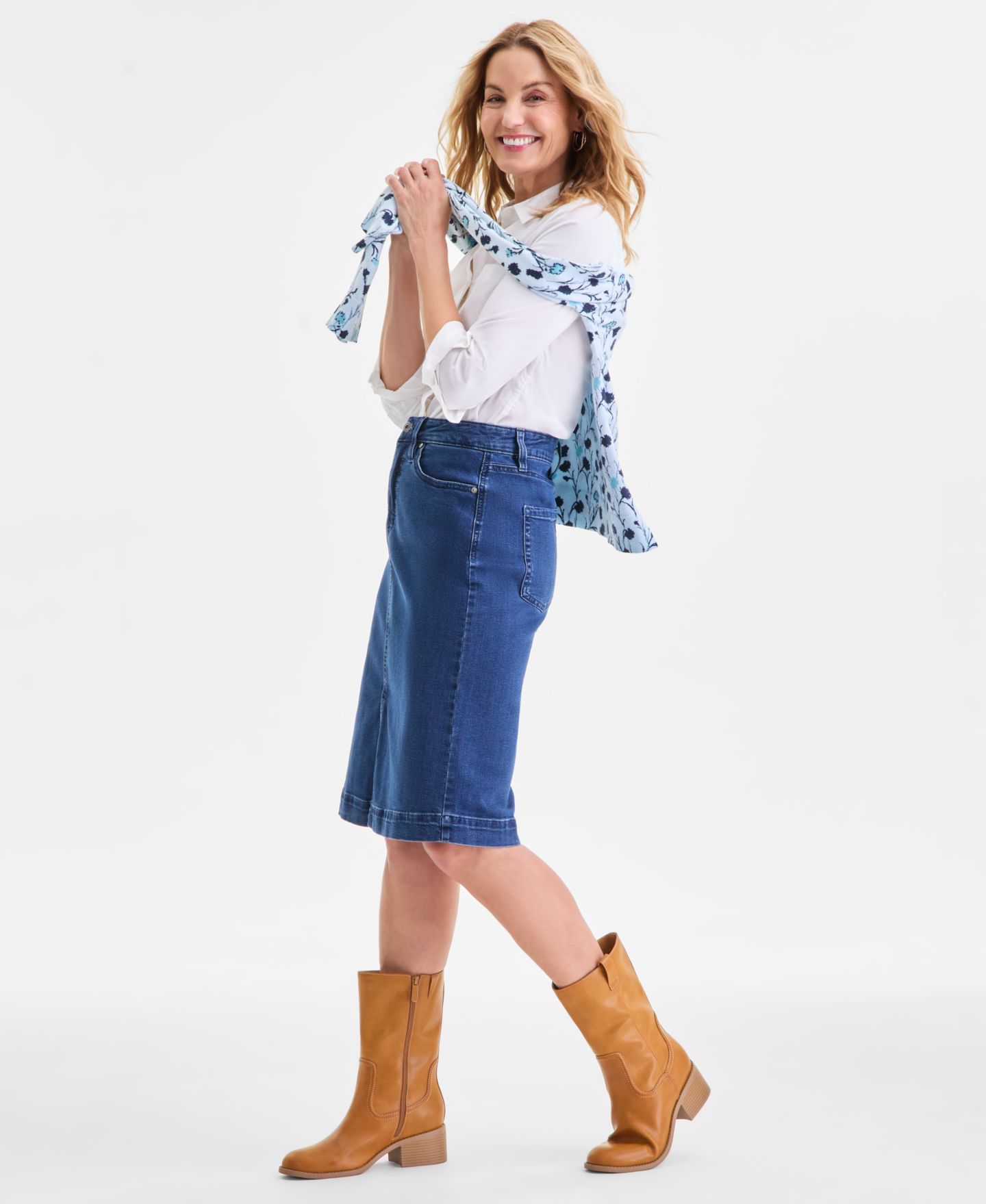 Женская юбка Style & Co Denim Slit Midi, цвет: Глубокий чёрный — фото 5