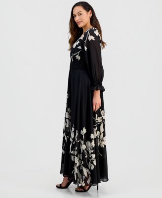 Women's Pleated Long-Sleeve Chiffon Midi Dress