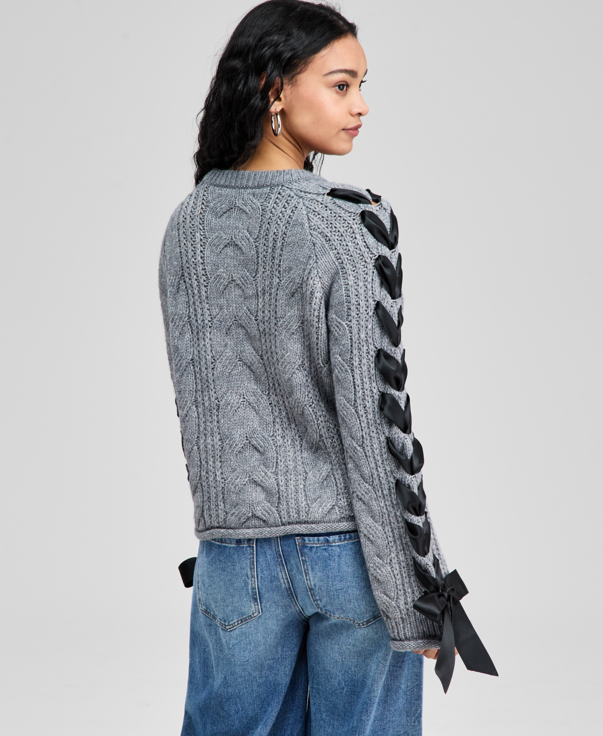 And Now This Petite Round-neck Satin-bow-sleeve Sweater, Macy's Exclusive In Gold