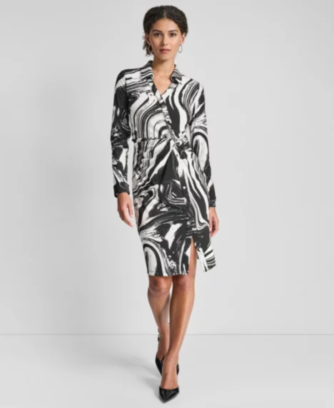 Petite Long-Sleeve Knotted Belted Faux Wrap Dress - Black/Ivory