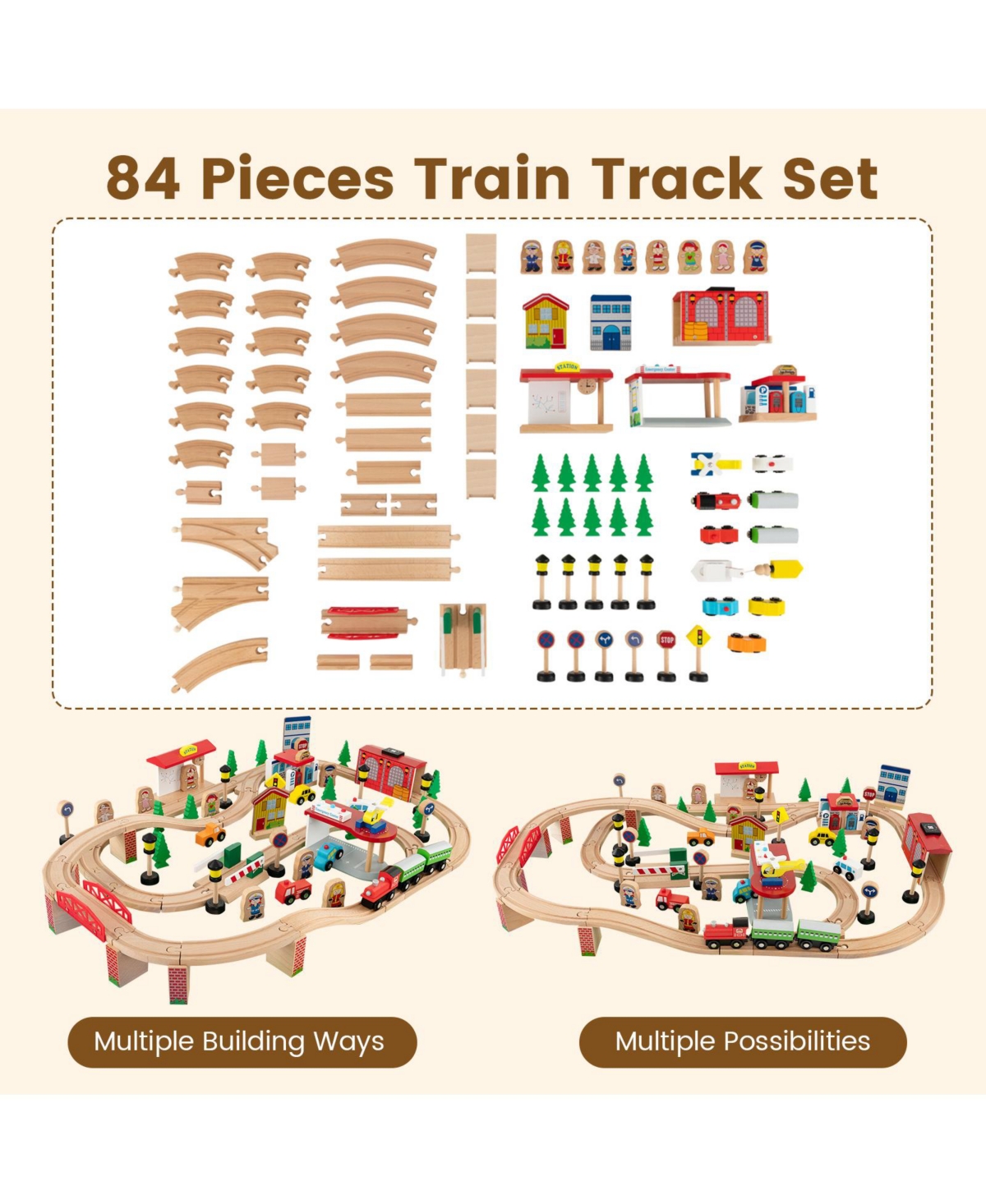 Mecale 84-Piece Wooden Train Set with Reversible and Detachable Tabletop