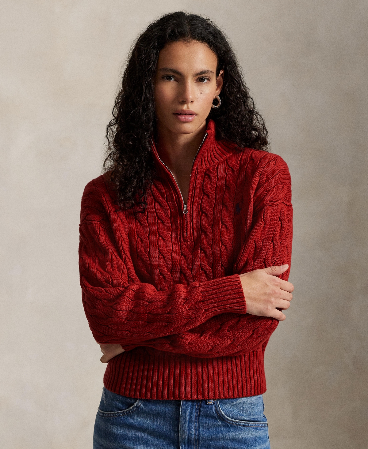 Polo Ralph Lauren Women's Cable-knit Cotton Quarter-zip Sweater In Red