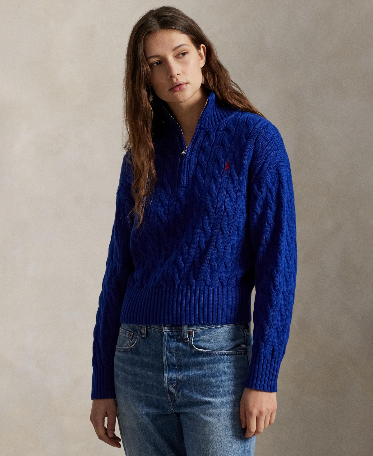 Polo Ralph Lauren Women's Cable-knit Cotton Quarter-zip Sweater In Blue