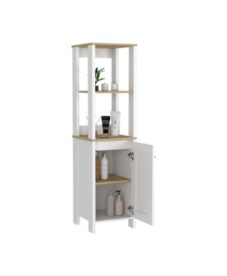 Linen Cabinet with Two Interior Shelves and Two Open Shelves Single Door Freestanding Storage Organizer for Bathroom or Living Room