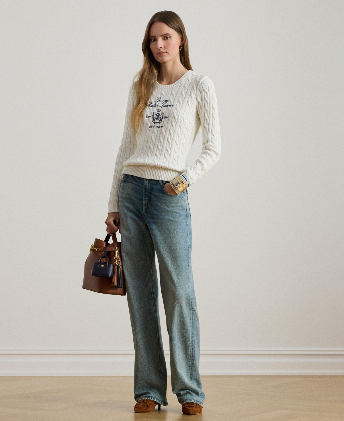 Lauren Ralph Women's Embroidered-Crest Cable-Knit Sweater