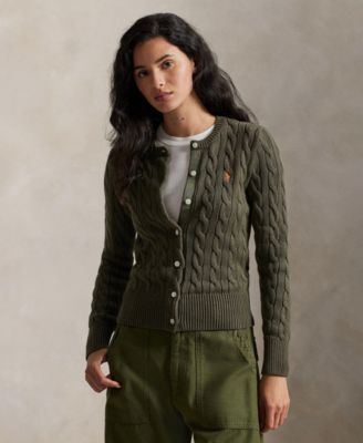 Women's Cable-Knit Cotton Crewneck Cardigan Sweater