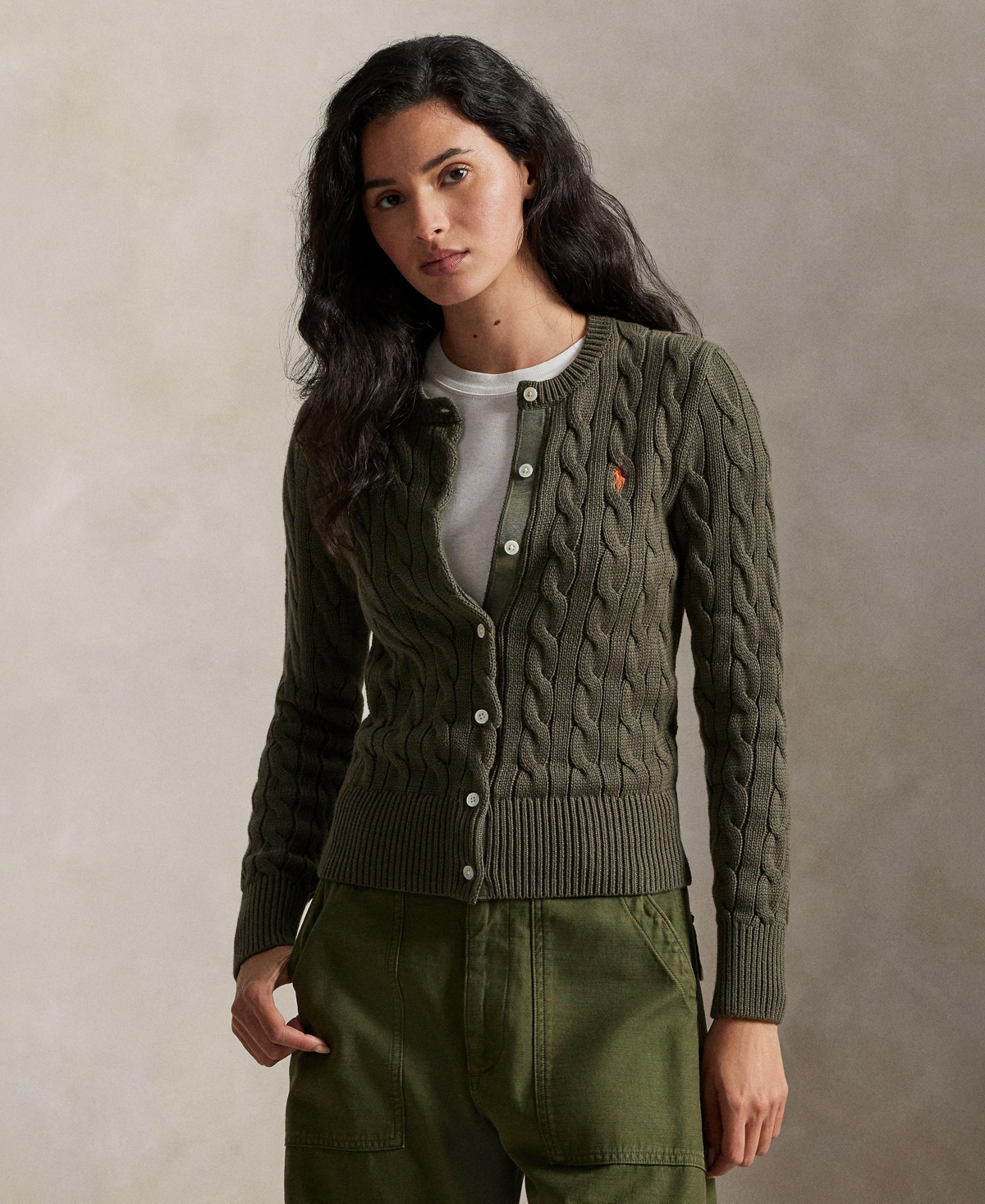 Polo Ralph Lauren Women's Cable-knit Cotton Crewneck Cardigan Sweater In Green