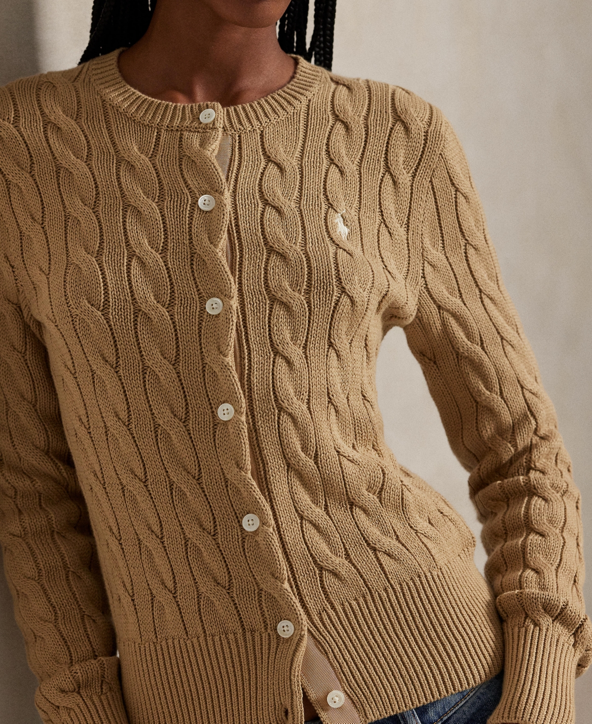 Polo Ralph Lauren Women's Cable-knit Cotton Crewneck Cardigan Sweater In Brown