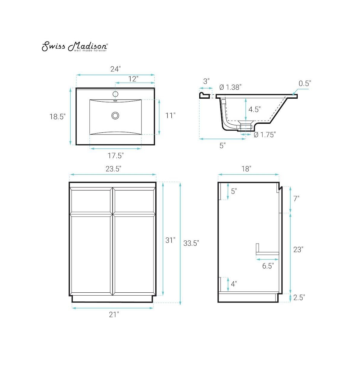 Swiss Madison St. Tropez 24" Freestanding Bathroom Vanity in Green Oak with Sink Top