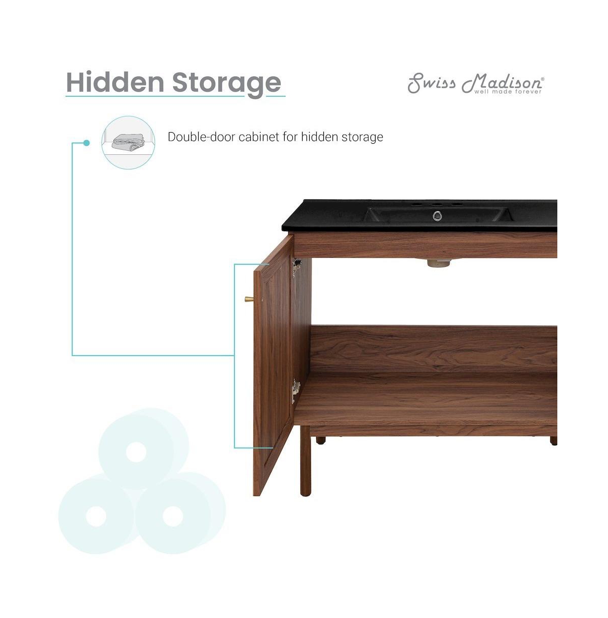 Swiss Madison 36" Freestanding Bathroom Vanity in Brown Oak, Black 3-Hole Widespread Sink Top
