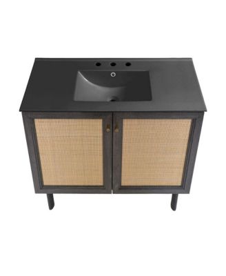 36" Freestanding Bathroom Vanity in Black Oak, Black 3-Hole Widespread Sink Top