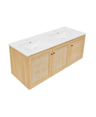 48" Wall-Mounted Bathroom Vanity in Natural Oak with Double Basin Sink Top