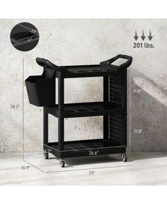 3-Tier Rolling Tool Cart, Utility Cart with Side Shelf & Hook