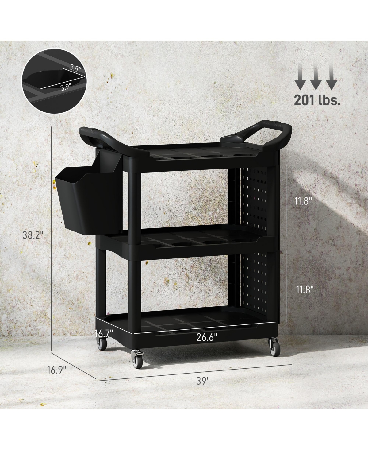 Homcom 3-Tier Rolling Tool Cart, Utility Cart with Side Shelf & Hook