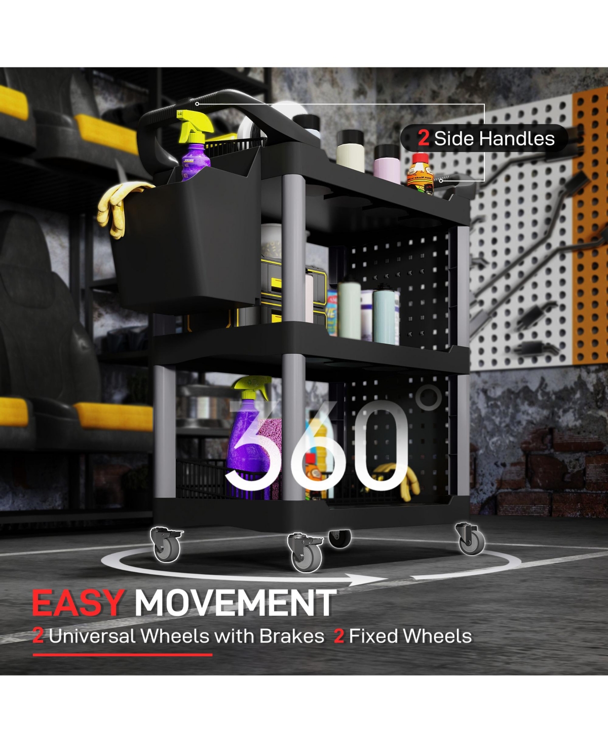 Homcom 3-Tier Rolling Tool Cart, Utility Cart with Side Shelf & Hook